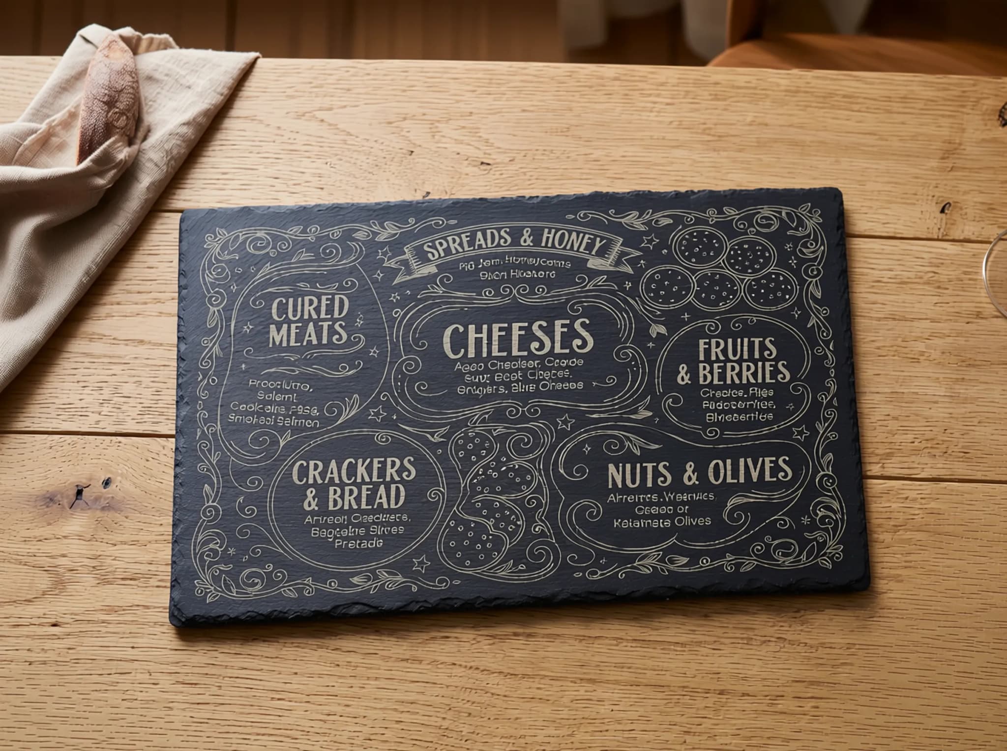A laser engraved serving board displays various food categories, including cured meats, cheeses, fruits and berries, crackers and bread, and nuts and olives, with decorative flourishes surrounding the text.