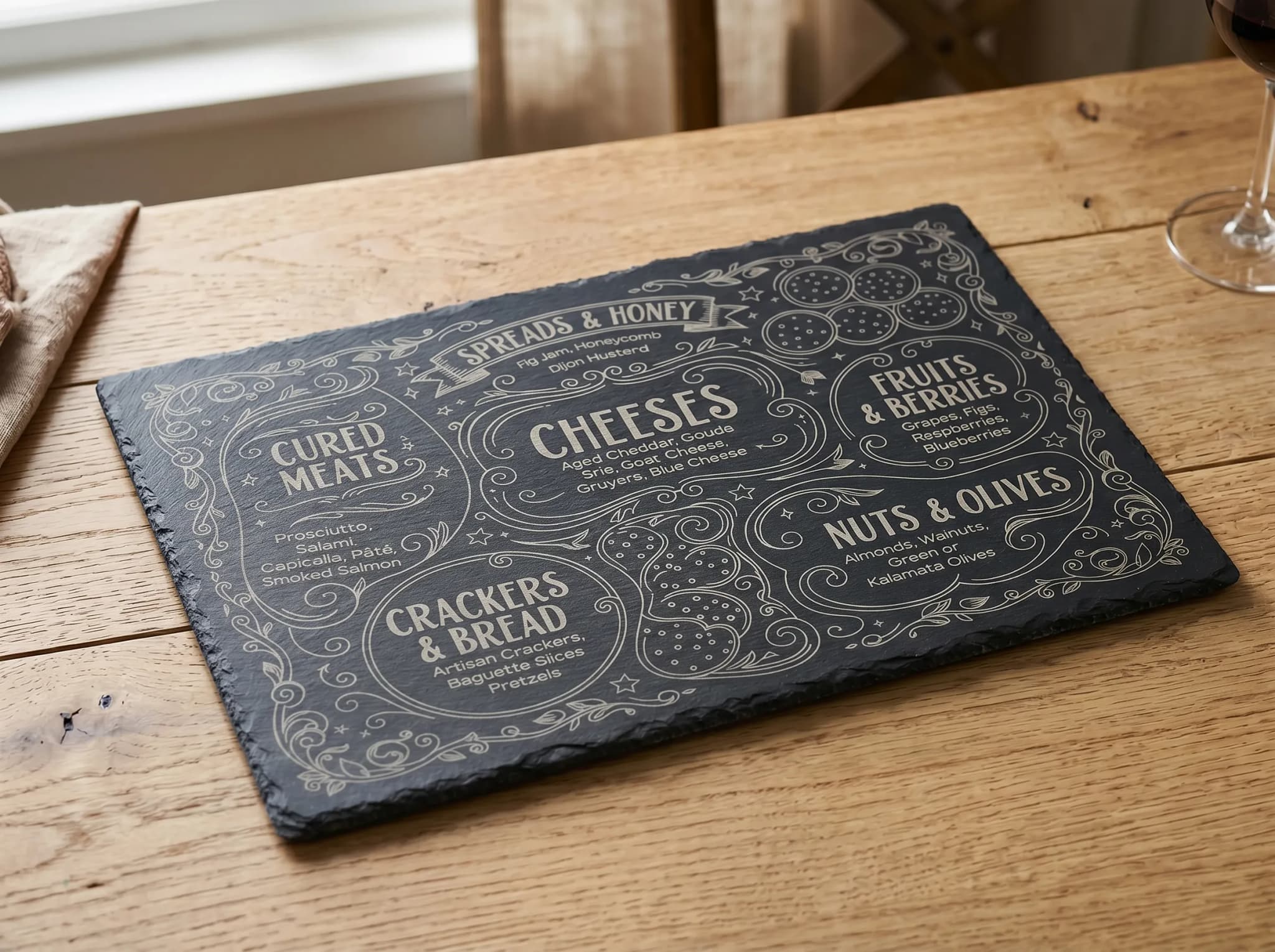 A dark slate board features laser engraved sections labeled with various food categories, including "Cured Meats," "Cheeses," "Crackers & Bread," "Fruits & Berries," and "Nuts & Olives," adorned with decorative swirls and stars.