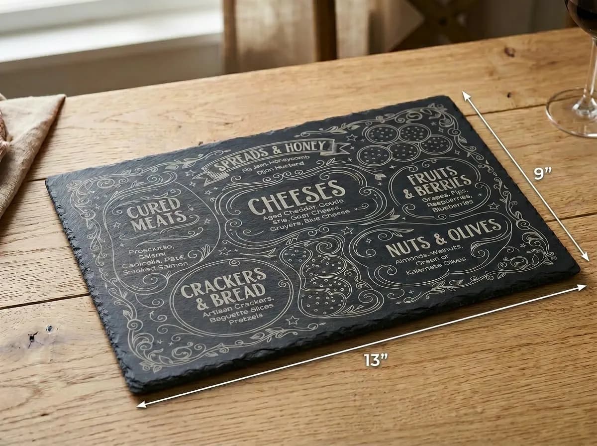 A rectangular slate board with laser engraved sections labeled for cured meats, cheeses, crackers and bread, fruits and berries, and nuts and olives, placed on a wooden table.