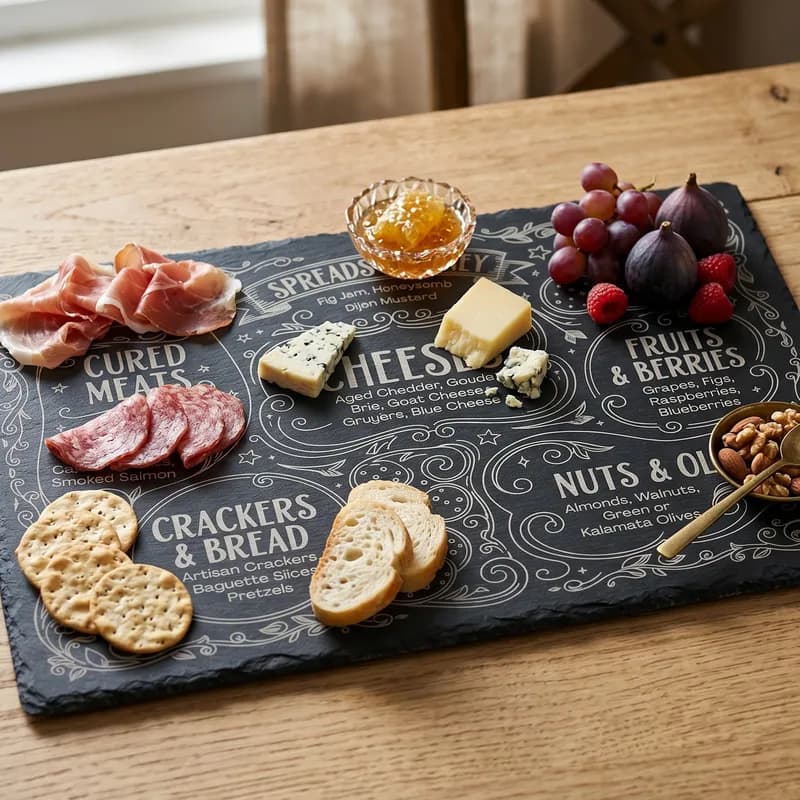 A slate serving board features various food items, including cured meats, cheeses, crackers, fruits, and nuts, with laser engraved labels for each category.