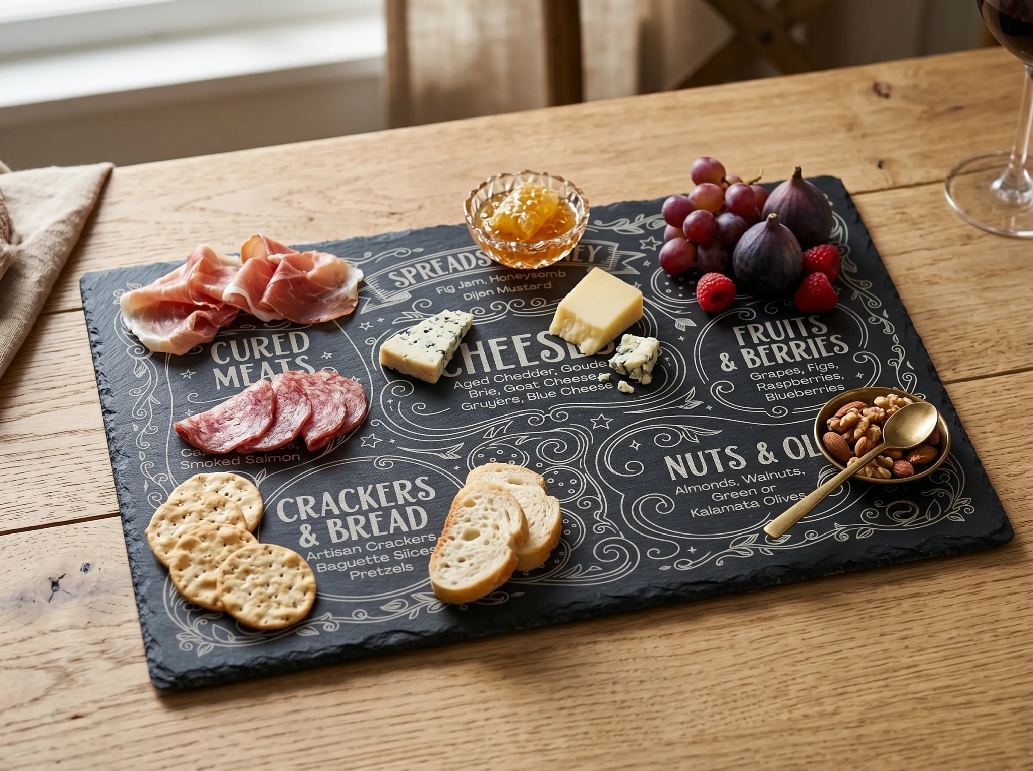A slate serving board features various food items, including cured meats, cheeses, crackers, fruits, and nuts, with laser engraved labels for each category.