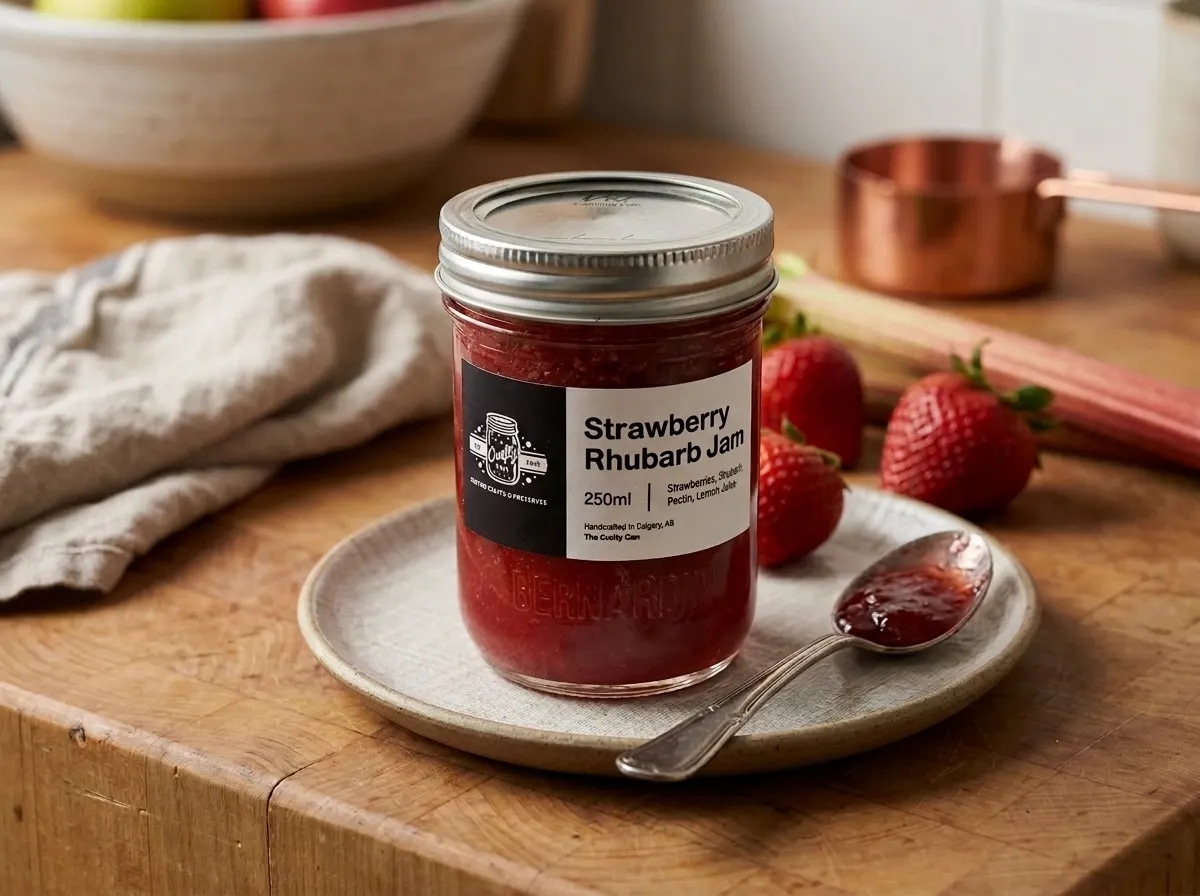 A jar of strawberry rhubarb jam sits on a plate next to fresh strawberries and a spoon with jam on it, with a wooden surface in the background.