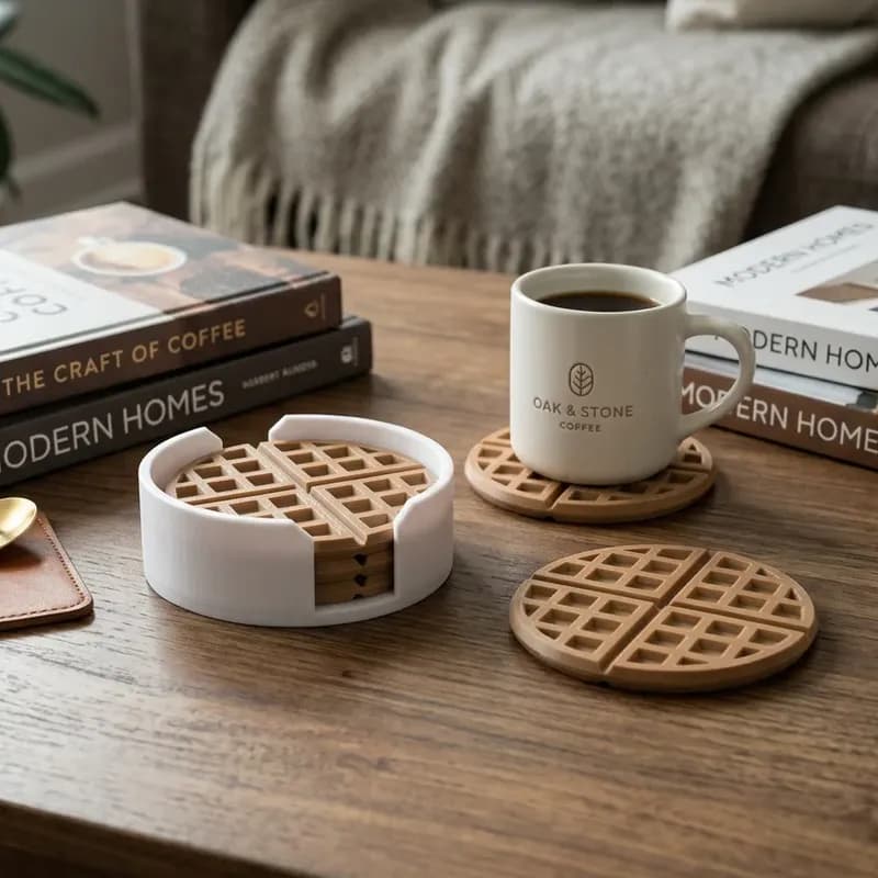 A 3D printed coaster holder with waffle-patterned coasters is placed on a wooden table alongside a coffee cup, books, a spoon, and a small succulent plant.