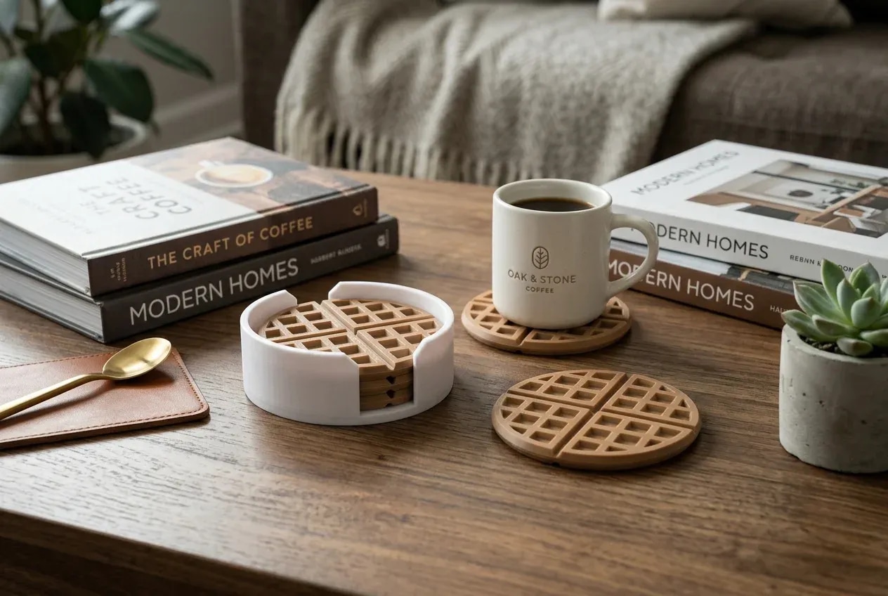 A 3D printed coaster holder with waffle-patterned coasters is placed on a wooden table alongside a coffee cup, books, a spoon, and a small succulent plant.