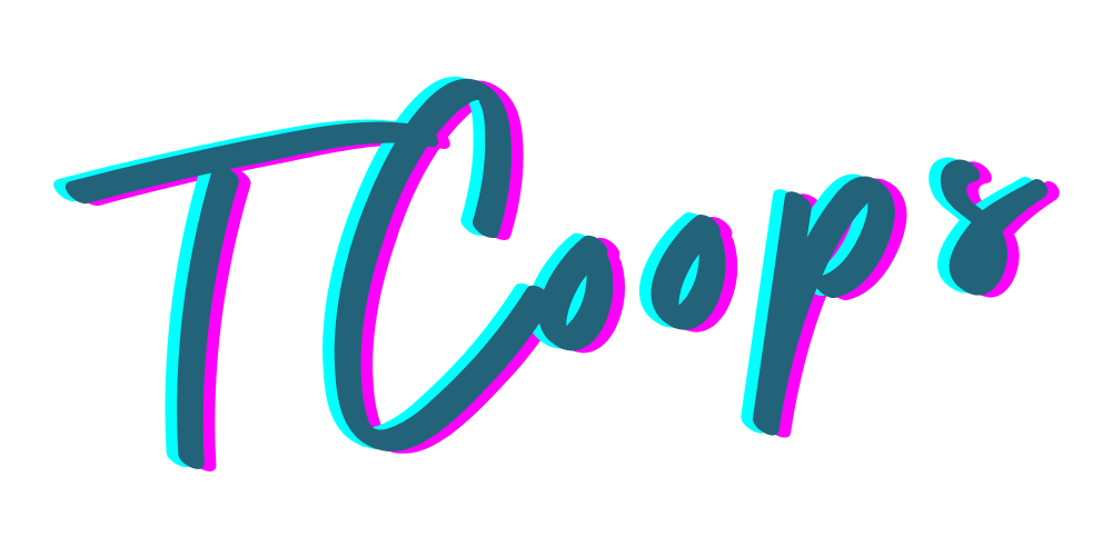 The TCoops logo in dark blue text with pink and blue highlights.