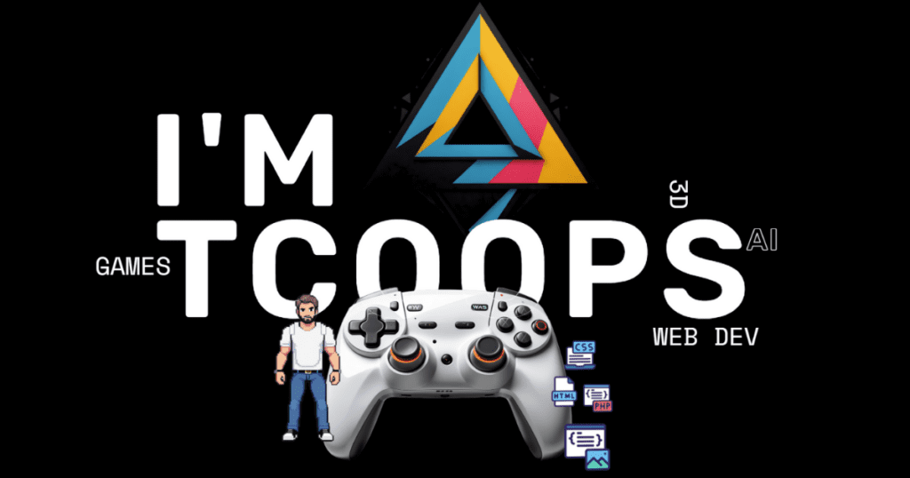 A black graphic with white text and the words "I'm TCoops" and the words "3D", "Dev", "Web" and "Games" accompanied by floating elements of a game controller, a video game character and web icons representing the elements of the TCoops brand.