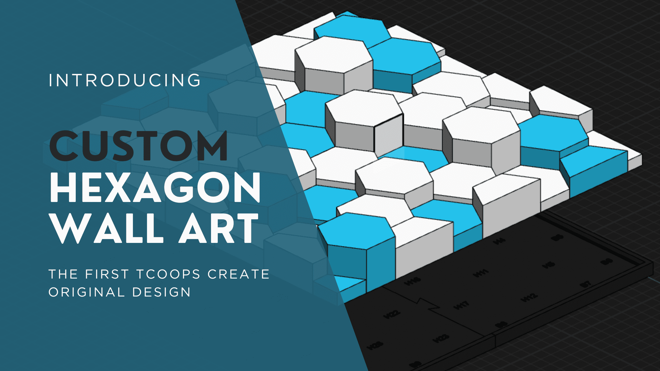 Custom hexagon wall art design featuring a mix of blue and white hexagonal shapes, showcasing an innovative approach to wall decor. The image highlights the unique arrangement and dimensionality of the pieces, emphasizing originality in design.