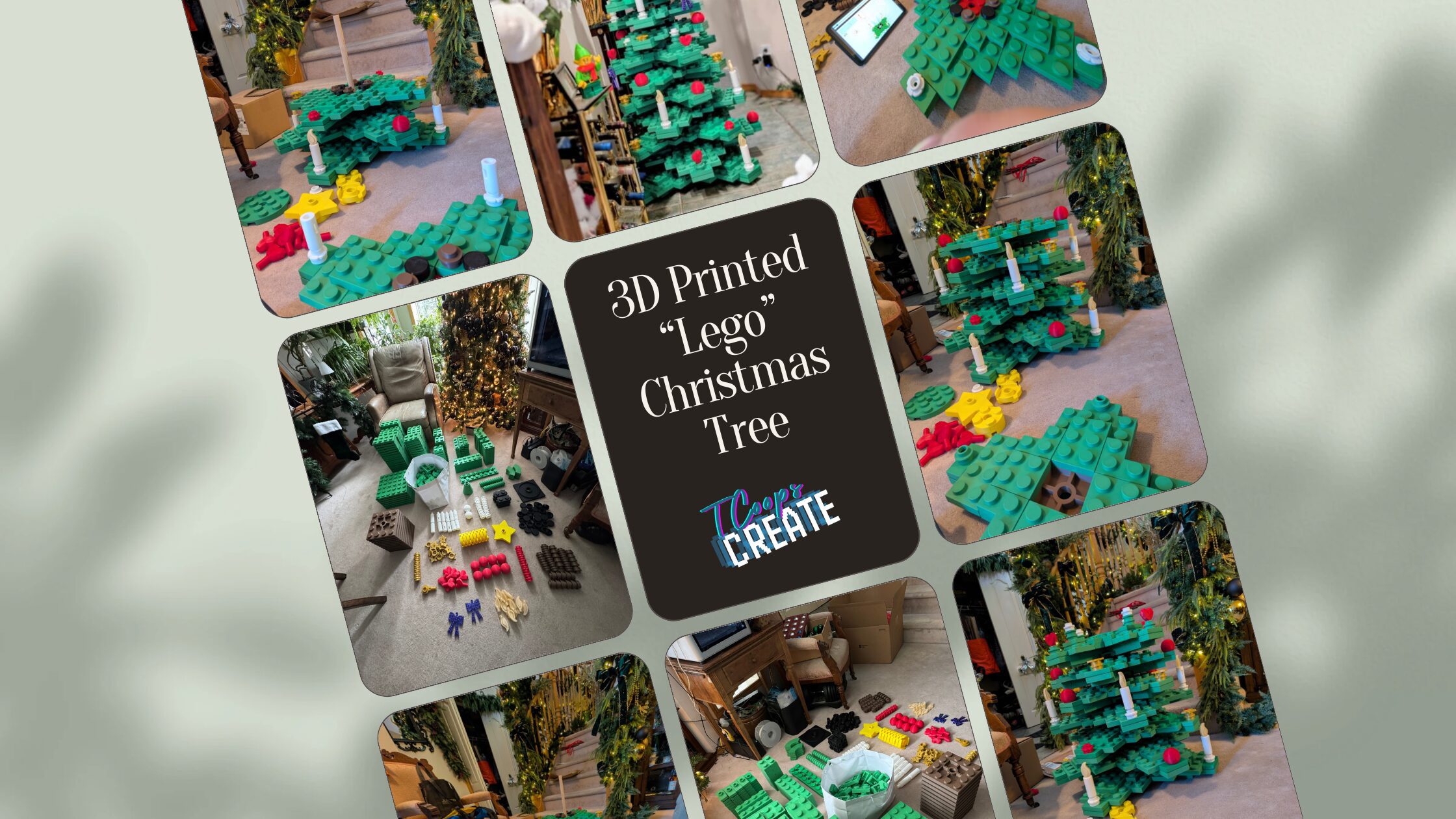 3D printed Lego Christmas tree displayed in various stages of assembly, featuring colorful building blocks, decorative elements like stars and ornaments, and a cozy holiday setting. Ideal for DIY enthusiasts and holiday decor inspiration.